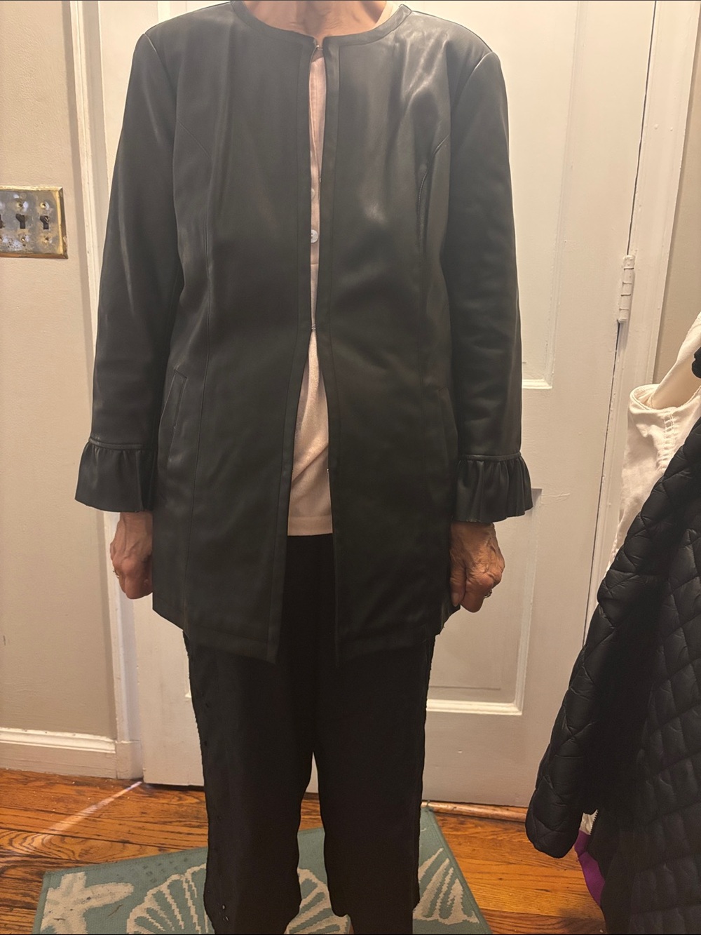 Faux Leather Jacket with Ruffled Sleeves